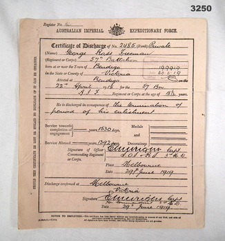 Soldiers Discharge certificate WW1.