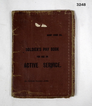 Brown covered soldiers pay book WW1.