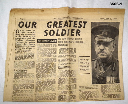 Newspaper cutting r general Monash.