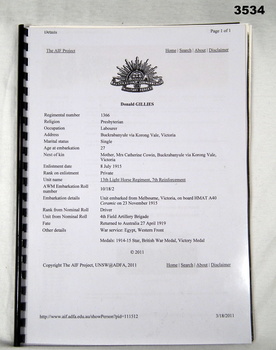 Soldiers service records in a folder WW1.