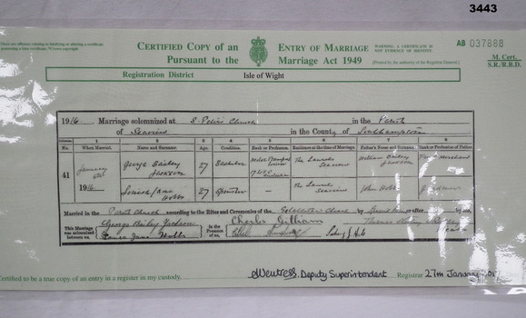 Marriage certificate issued in WW1.