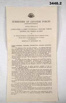 Document re Japanese surrender re T Blamey.