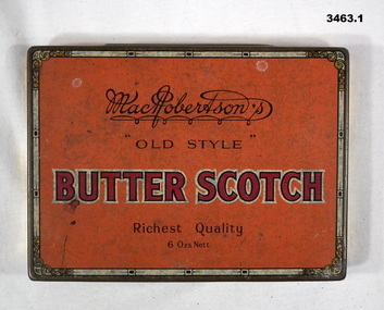 Tin, MacRobertsons old style butter scotch.