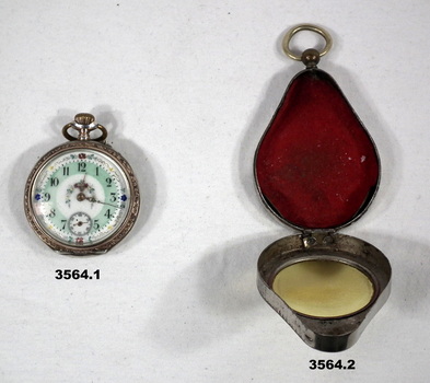 Fob watch and leather case.