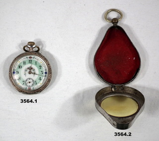 Fob watch and leather case.