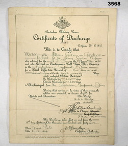 Certificate of Discharge for a WW2 soldier.