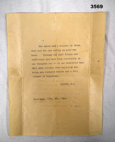 Typed letter from the King re going home WW2