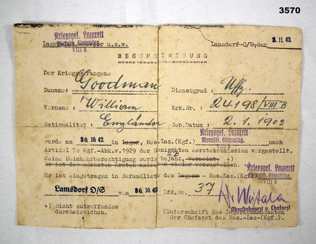German declaration of release from POW camp.