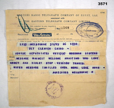 Telegram sent from Cairo re coming home.