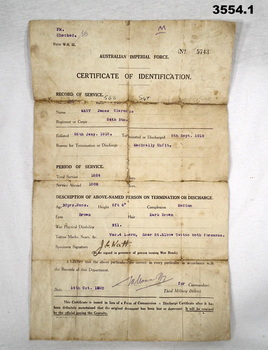 Certificate of Identification medically unfit WW1.