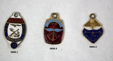Three badges of different RSL Clubs.