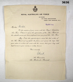Official letter, RAAF, dated 1946