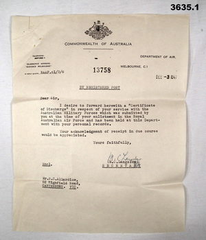 Letter , Certificate, discharge from AMF and RAAF