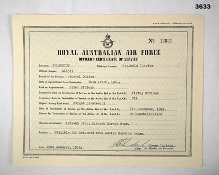 Certificate with details of name, rank, awards.