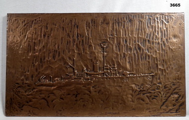 Pressed copper relief of HMAS Bendigo.