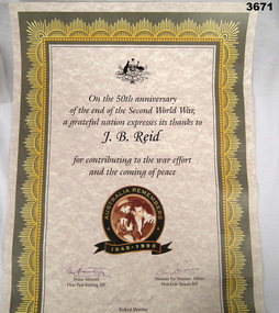 Certificate, 50th anniversary, Australia Remembers.