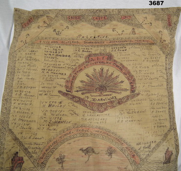Souvenir cloth with individual names hand drawn on.