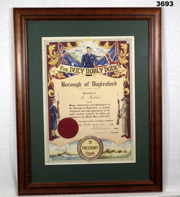 Shire certificate re Daylesford issued WW2.