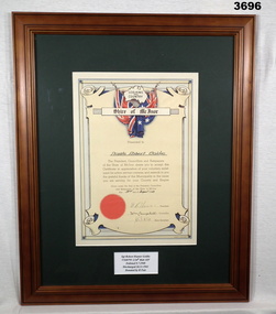 Shire of McIvor certificate issued to returning soldiers WW2