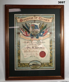 Framed Clunes Shire Council certificate WW1
