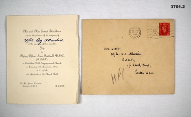 Envelope and invitation for Flt/Lt Reg Allardice to attend a wedding.