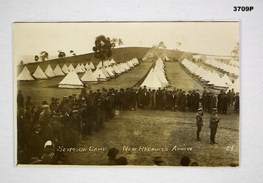 Photo of Seymour camp titled "New recruits arrive".