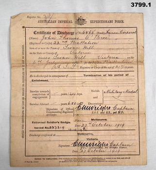 Certificate of discharge for WW1 soldier.