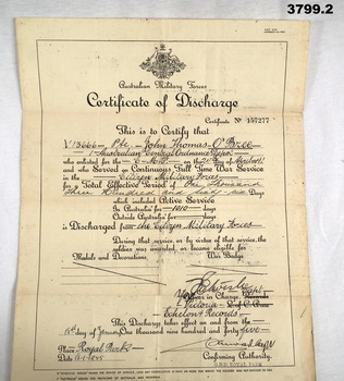 Certificate of discharge for a WW2 soldier.