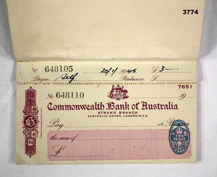 Commonwealth Bank of Australia cheque book London Branch
