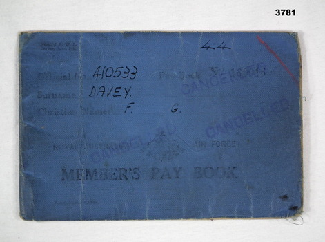 Blue RAAF pay book for individuals WW2