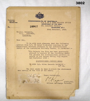 Letter notifying of the award of a DCM.