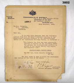 Letter notifying of the award of a DCM.