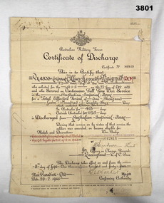 Certificate of discharge for WW2 soldier.