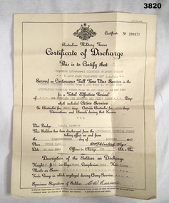 Discharge certificate of a WW2 soldier.