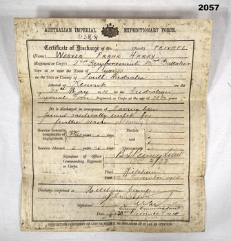 Discharge certificate of a WW1 Australian soldier.