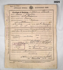 Discharge certificate of a WW1 soldier.