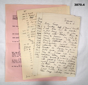 Four pages of letters, document re a WW1 soldier.