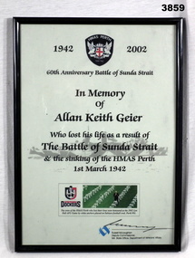 Certificate re 60 years since HMAS Perth in Sunda Strait.