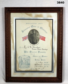 Certificate framed re a soldier and Manchester Unity.