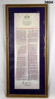 Document framed re the unknown soldier.