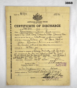 Discharge certificate issued for WW2.