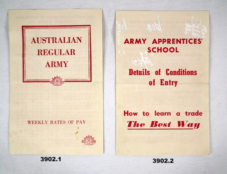 Pamphlets relating to pay, conditions Army Apprenticeship.