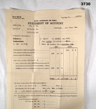 Form, RAAF statement of account funds owing