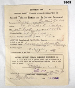 Tobacco ration form for Ex service personnel WW2