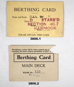 Berthing cards on board ships for military personnel