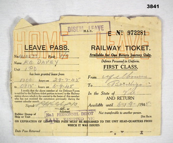 1st class railway ticket for leave military personnel