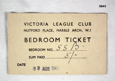 Bedroom ticket for the Victoria League Club 1943