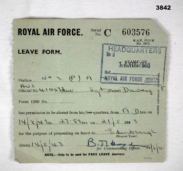 Green RAF leave pass for 1943