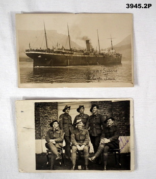 Two photos, one re troopship, other men from 3 units WW1.