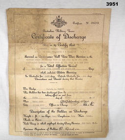 Discharge certificate re a WW2 soldier.